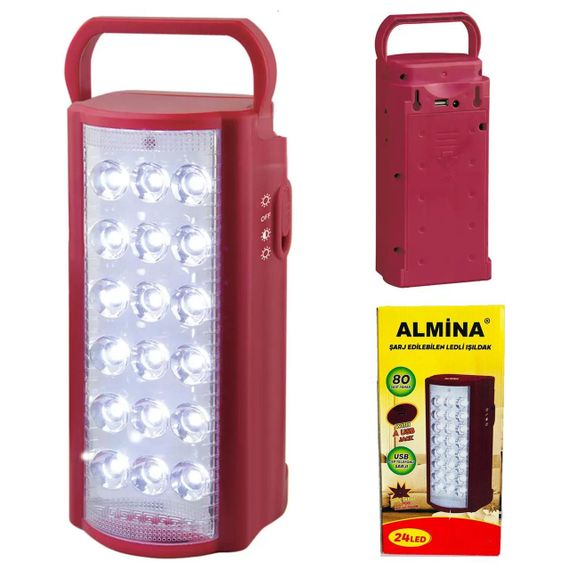 Фонарь переносной светодиодный с PowerBank, 24 Led, Almina 2606L, Красный / Портативная кемпинговая лампа