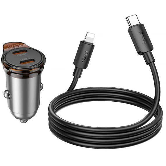 АЗП Hoco NZ16B Rigorous PD45W (2USB-C) + кабель Type-C to Lightning Metal grey | Зображення 2