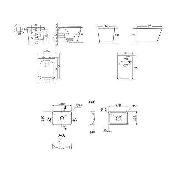 Комплект Qtap Tern Marble 3 в 1: унітаз підвісний Ultra Quiet + біде підвісне + раковина накладна QTTERMR49164 | Зображення 1