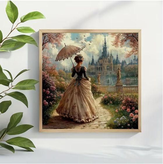Набор для вышивки крестом ZUOANLF "Девушка у замка" 14CT, 40x40 см, канва Аида с нанесенным рисунком | Зображення 3