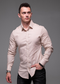 Мужская льняная рубашка с длинным рукавом на пуговицах цвет бежевый, размер L  RA2389