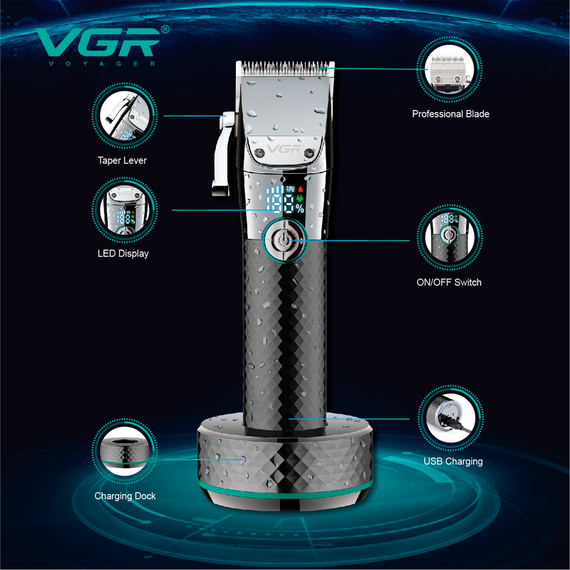 Аккумуляторная машинка для стрижки VGR V-682, 6 насадок, водонепроницаемая, LED дисплей | Зображення 3