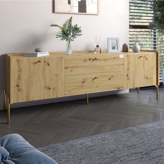 Тумба під телевізор з шухлядами LION Wood з золотими ніжками 180х50х40 см Дуб Артизан (LION-043113)