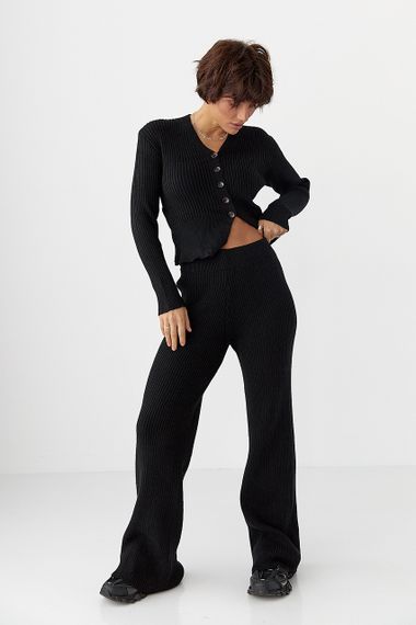 Трикотажний костюм у рубчик із кардиганом і штанами палаццо - чорний цвет, ONE SIZE (є розміри)