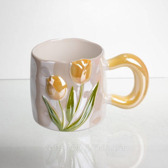 Новорічна порцелянова чашка для чаю та кави "Ніжний Тюльпан" з 3D-декором 400 мл, святкова кружка чашка на подарунок Помаранчевий | Зображення 2