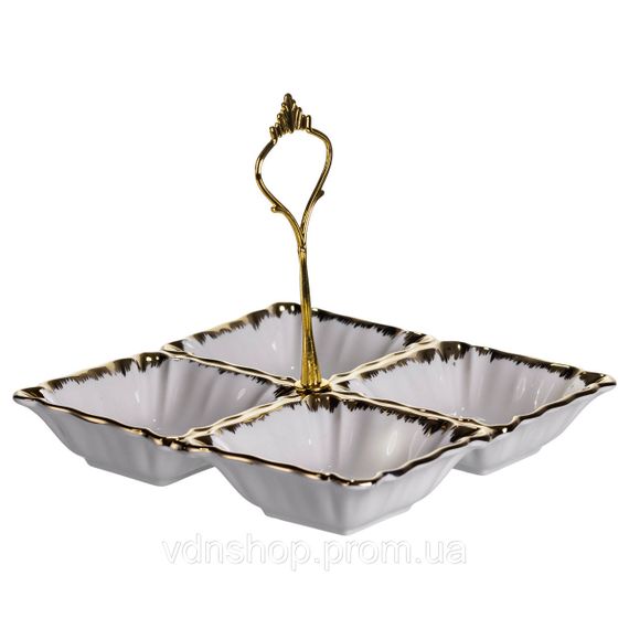 Менажниця порцелянова на 4 секції для закусок тарілка менажниця 18×18×3 (см) менажниця з ручкою Білий з золотом LC-BYL-100 | Зображення 2