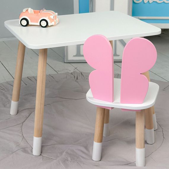 Дитячий прямокутний стіл та стільчик рожевий метелик з білим сидінням. Дитячий  білий столик | Зображення 2