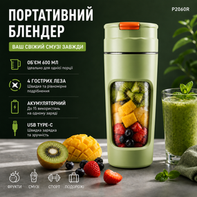 Портативный блендер P2060R на 600 мл, Tritan BPA-free, аккумуляторный с 4 лезвиями, USB Type-C, зеленый