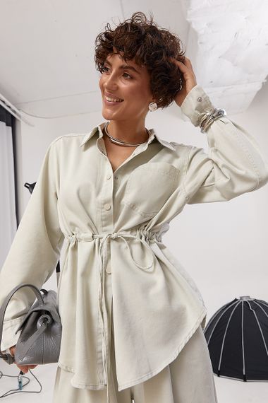 Котоновий вільний костюм із сорочкою на кнопках та прямими штанами - світло-сірий цвет, ONE SIZE (є розміри) | Зображення 2