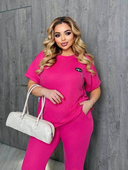 Женский летний костюм футболка и укороченные штаны большие размеры и батал KF090 цвет розовый, размер 48/50 | Зображення 1