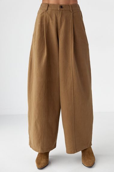 Котонові штани-палаццо зі складками - світло-коричневий цвет, L (є розміри)