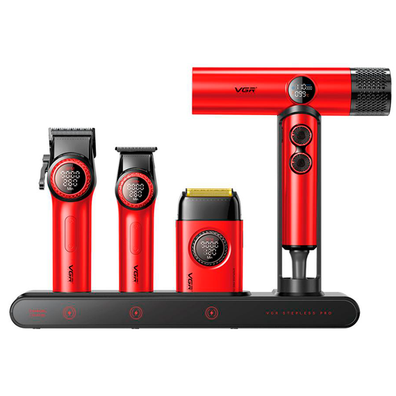 Набор VGR STEPLERSS RPO 4 IN 1 RED, машинка для стрижки, триммер, электробритва, фен