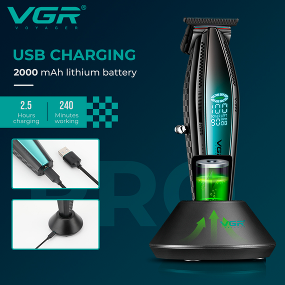 Триммер аккумуляторный VGR V-992 GREEN, 9000 RPM, 2000 mAh, 3 насадки, LED дисплей | Зображення 8