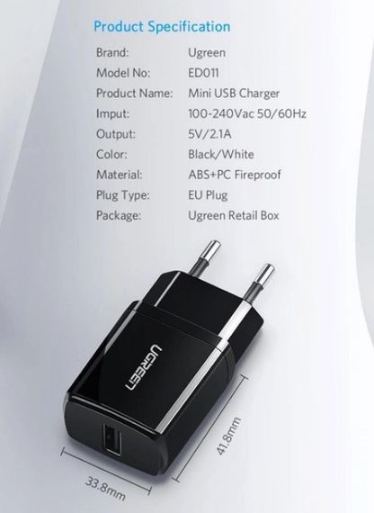 Зарядний пристрій Ugreen ED011 USB Wall Charger 2.1A Чорний | Зображення 5