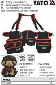 Пояс з 2 накладними сумками з кишенями для інструменту на лямках; l=1280 мм YATO-74070