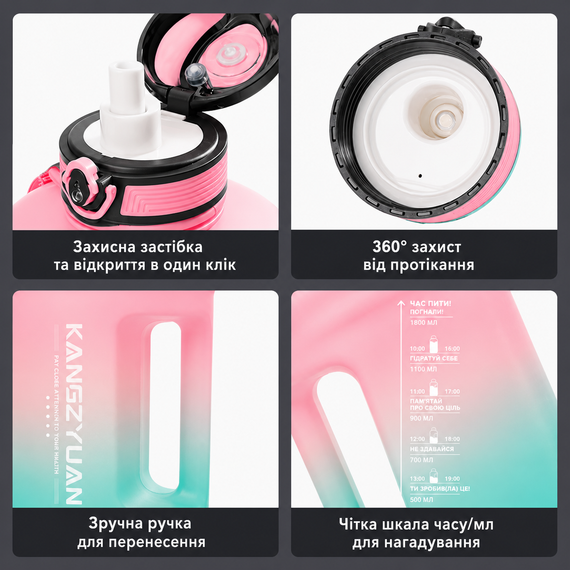 Эко-бутылка KANGZYUAN 2500 мл (2.5 л) - Розовая Tritan BPA-free, ударопрочная, спортивная с ручкой и ремешком | Зображення 4
