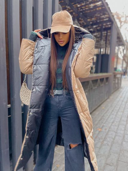 Женская двухсторонняя куртка-пальто длинное на кнопках LY30368 цвет черно-бежевое, размер 42/48 | Зображення 4