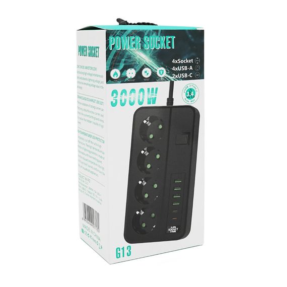 Сетевой фильтр с защитой от перенапряжения G13H, 3000W, 4 Socket+4 USB 3, 2м | Зображення 1