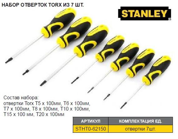 Набор отверток STANLEY Torx T5, 6, 7, 8, 10, 15, 20 7 штук STHT0-62150