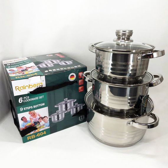 Набір каструль Rainberg RB-604 нержавіюча сталь, капсульне 9-ти шарове дно (3 каструлі 3 кришки) | Зображення 6