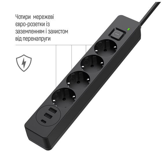 Мережевий фільтр живлення ColorWay CW-CHE432PDB, 4 розетки/3USB 2M (CW-CHE432PDB) | Зображення 9