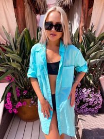 Женская тонкая летняя пляжная рубашка с длинным рукавом LK10151 размер 48/50 цвет бирюзовый