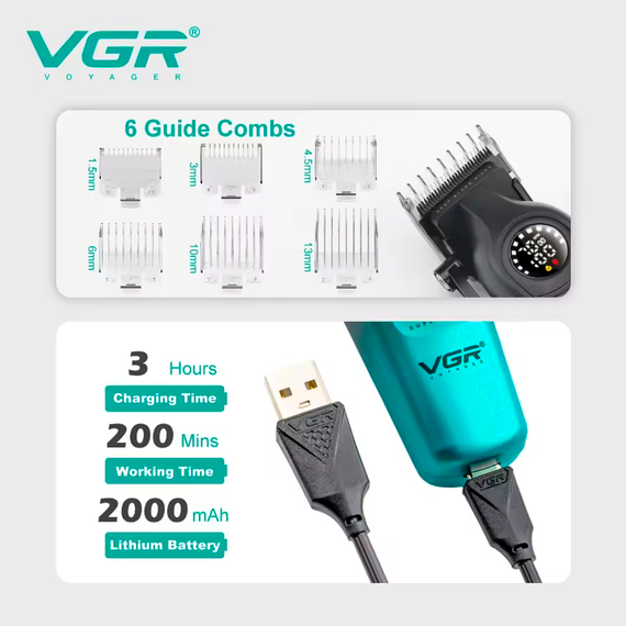 Акумуляторна машинка для стрижки VGR V-196 GREEN, 6 насадок, 7000 RPM, 2000 mAh, LED дисплей | Зображення 5