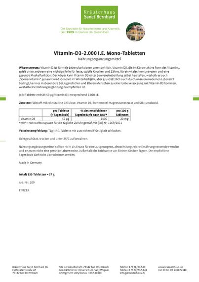 Вітамін D3 2000, 150 таблеток, "Sanct Bernhard", Німеччина | Зображення 2