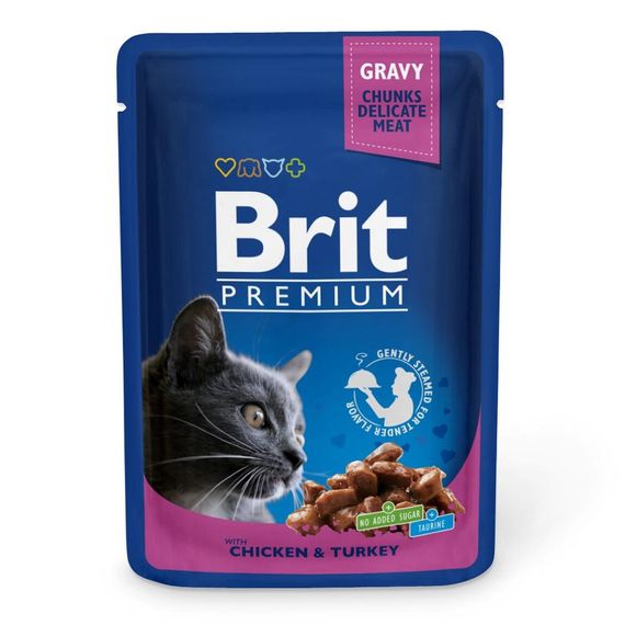Корм Brit Premium Chicken and Turkey влажный с курицей и индейкой в соусе для взрослых котов 100 гр