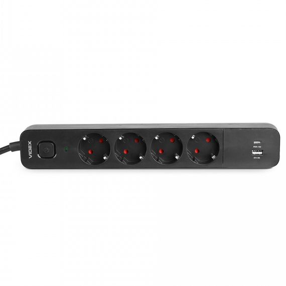 Мережевий подовжувач 3 м 4 гнізда з USB (QC3.0) і USB-C (PD18W) заземленням і кнопкою VIDEX VF-PD43G1QC1PD-B | Зображення 4
