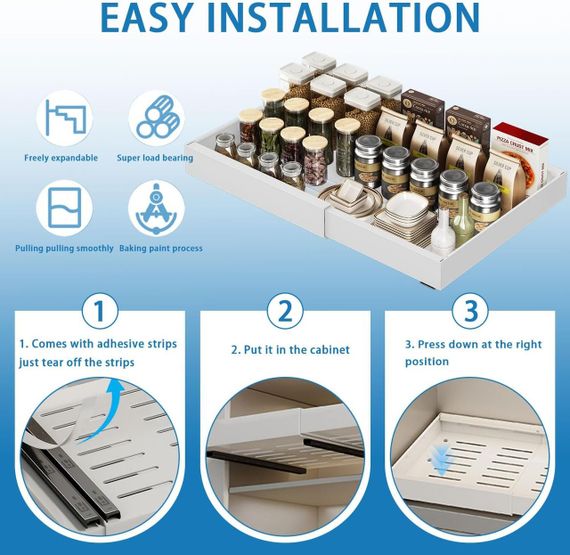 Телескопічна висувна шухляда 32-52 см для шафи, кухні, мийки, ящик органайзер для спецій посуду приборів, білий на клейкій основі | Зображення 2