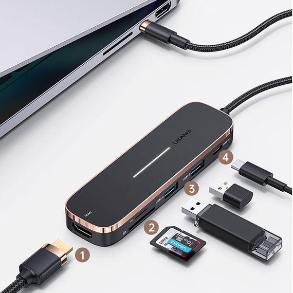 Уценка Переходник HUB Usams US-SJ575 6in1 Multifunctional (Type-C to 2USB+Type-C+Micro SD+SD+HDMI) | Зображення 3