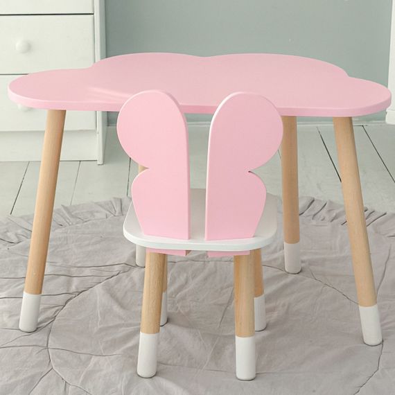 Стіл хмарка і стільчик метелик дитячий рожевий з білим сидінням. Столик для занять, ігор, їжі