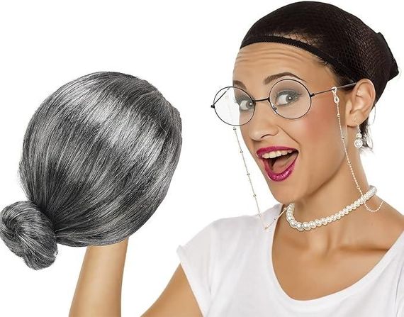 Перука бабусі сива з гулькою, комплект для образу старої леді з окулярами, намистом, сережками для виступів, косплею, Хелловіну | Зображення 1