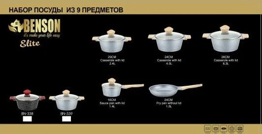 Набір каструль BN-339, 9 предметів, ковшик 1,4 л; 2,4 л; 4л; 6,3 л; сковорода 24см | Зображення 2