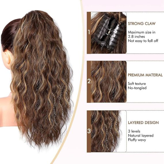 Накладний хвіст каштановий з меліруванням хвилястий, шиньйон на крабі затискачі 45 см, термостійке волосся коричневе з русявим | Зображення 3