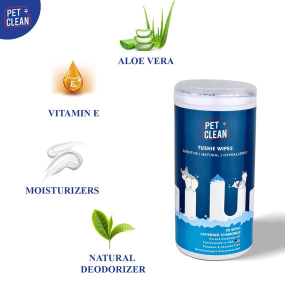 Серветки вологі Pet Clean PET TUSHIE WIPES гіпоалергенні для домашніх тварин   з ароматом Алое Вера 50шт | Зображення 2