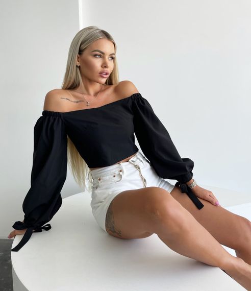 Женская легкая блуза с открытыми плечами и широкими рукавами  NA991 цвет черный, размер 46/48 | Зображення 1