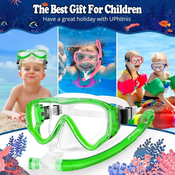 Дитячий набір для снорклінгу з трубкою, маска для підводного плавання, дайвінгу з захистом від запотівання, зелена | Зображення 6