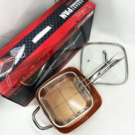 Сковорода-фритюрниця UNIQUE UN-5251 квадратна антипригарна з пароваркою та каструлею + скляна кришка 24 см UP-84 | Зображення 3