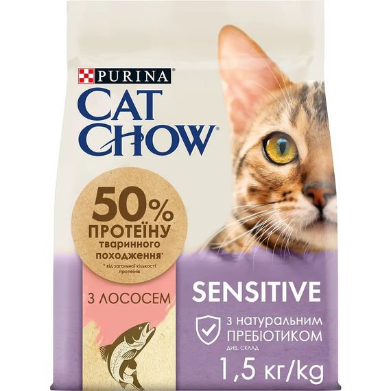 Сухий корм Purina Cat Chow Sensitive для дорослих котів із чутливою шкірою та травленням, лосось 1.5кг