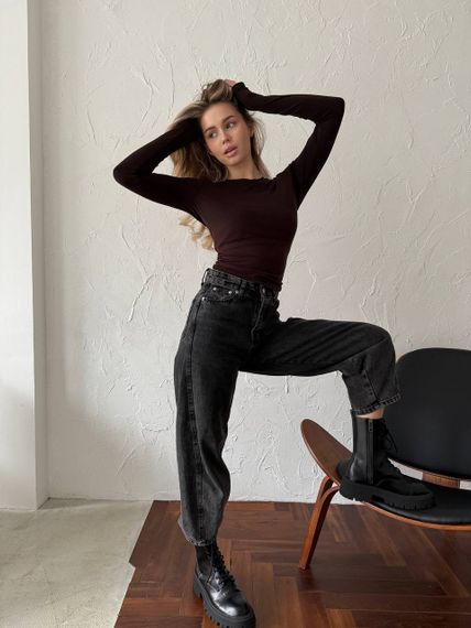 Жіноча класична кофта-лонгслів з віскози приталена колір коричневий, розмір 42/46  SH354 | Зображення 2