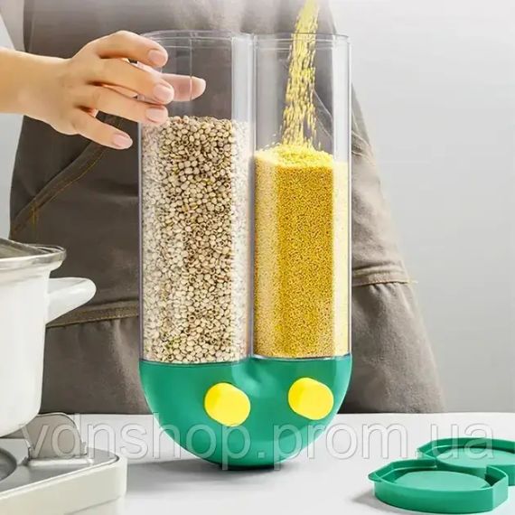 Диспенсер для круп з дозатором на 2 секції, до 2кг / Органайзер для сипучих продуктів | Зображення 1