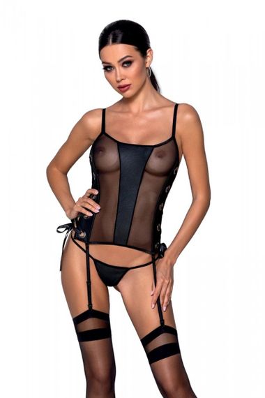 Корсет з еко-шкіри з пажами для панчох Passion Malwia Corset Чорний 2XL/3XL | Зображення 4