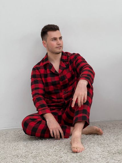 Піжама чоловіча COSY з фланелі (штани+сорочка) клітина червоно/чорна | Зображення 3