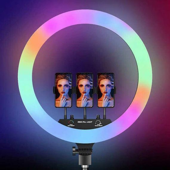 Кільцева LED лампа RGB MJ45 Ring 45 см комплектація адаптер із вбудованим кабелем, тримачі для телефону, пульт | Зображення 4