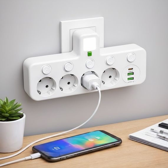 Мережевий фільтр-розгалужувач 2500W, 4х220V, 2xUSB, 1хType-C, 8625UL, Білий/Настінний трійник із підсвіткою | Зображення 9