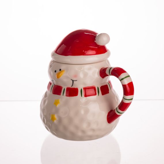 Новорічна порцелянова чашка з кришкою для чаю та кави 400 (мл) Сніговик дитяча чашка на подарунок на новий рік CR-1-34 | Зображення 2
