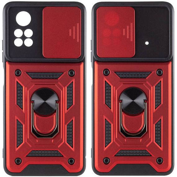 Ударостійкий чохол Camshield Serge Ring для Xiaomi Poco X4 Pro 5G TPU+PC, Шторка на камеру, Червоний