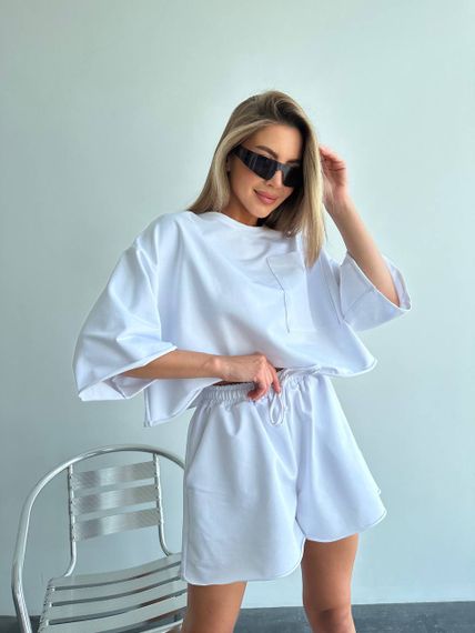 Женский летний костюм шорты и футболка оверсайз LU201 цвет белый, размер onesize S-XL | Зображення 3